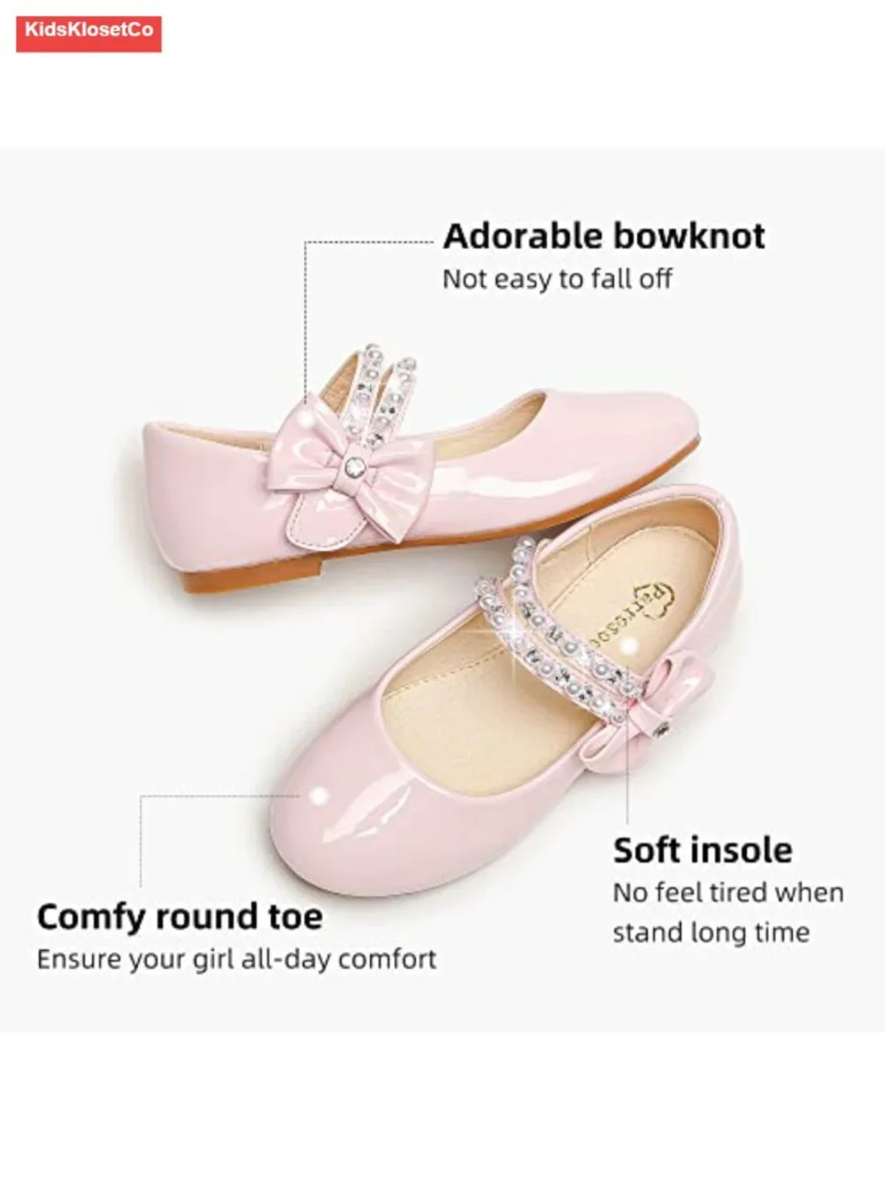 Toddler Girls Mary Jane Flats - Faux Leather Dress Shoes with Bow